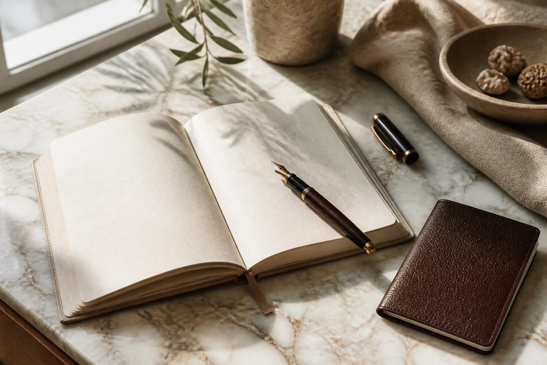 An open notebook and fountain pen on a sunlit marble desk