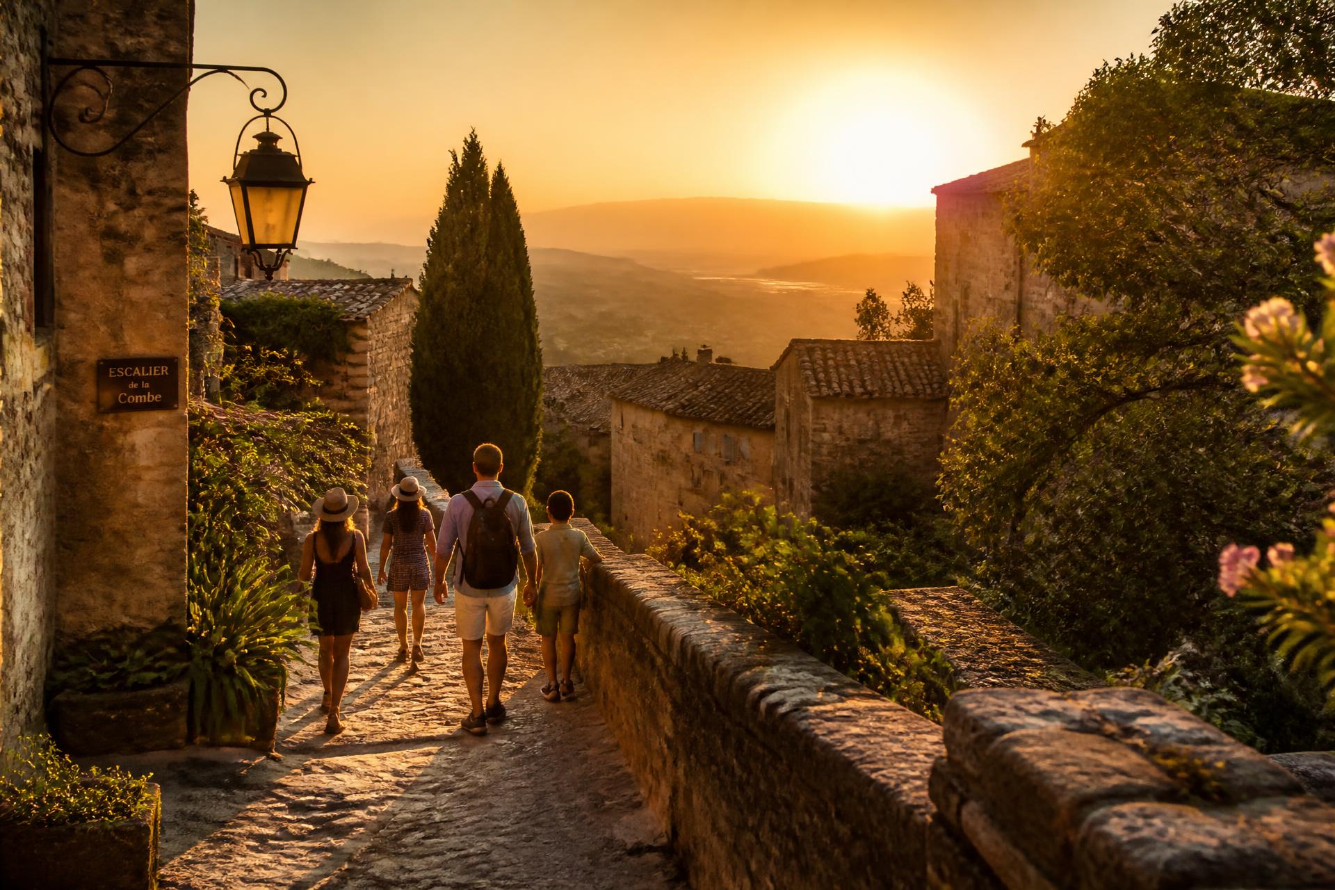 A family walking through a sunlit ancient village at golden hour