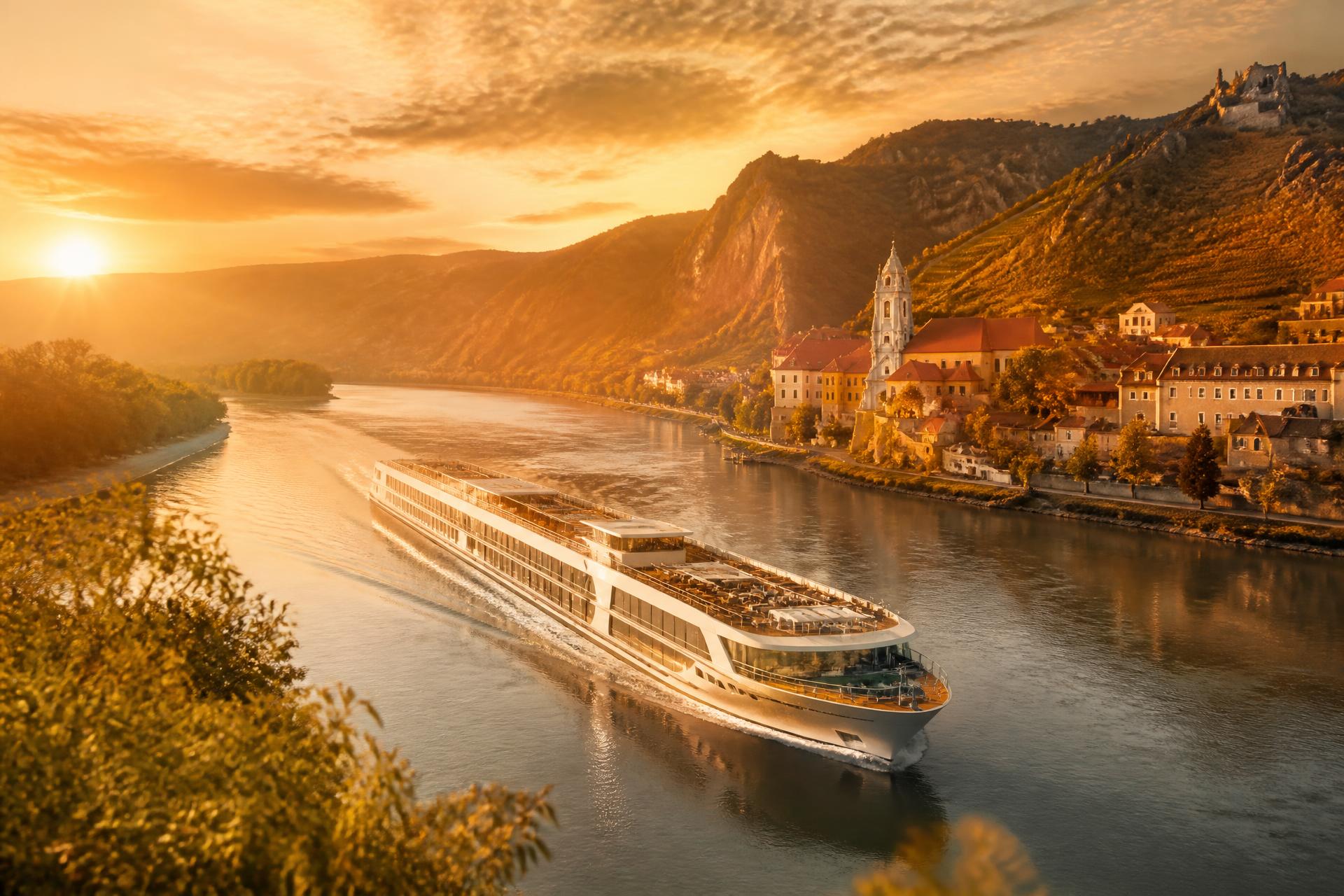 A luxury river cruise ship sailing past a European village at golden hour