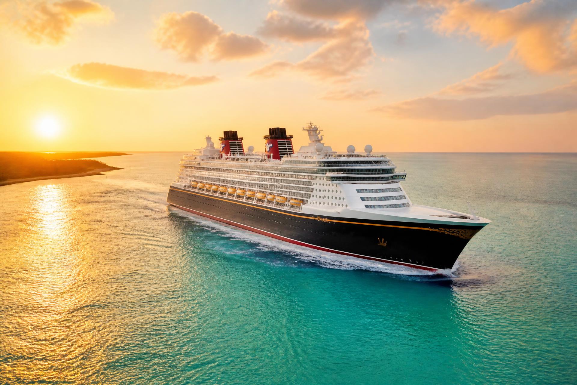 A Disney cruise ship sailing through turquoise waters at sunset
