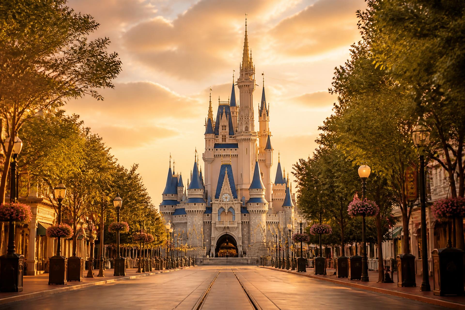 A fairytale castle at golden hour, seen from a tree-lined avenue