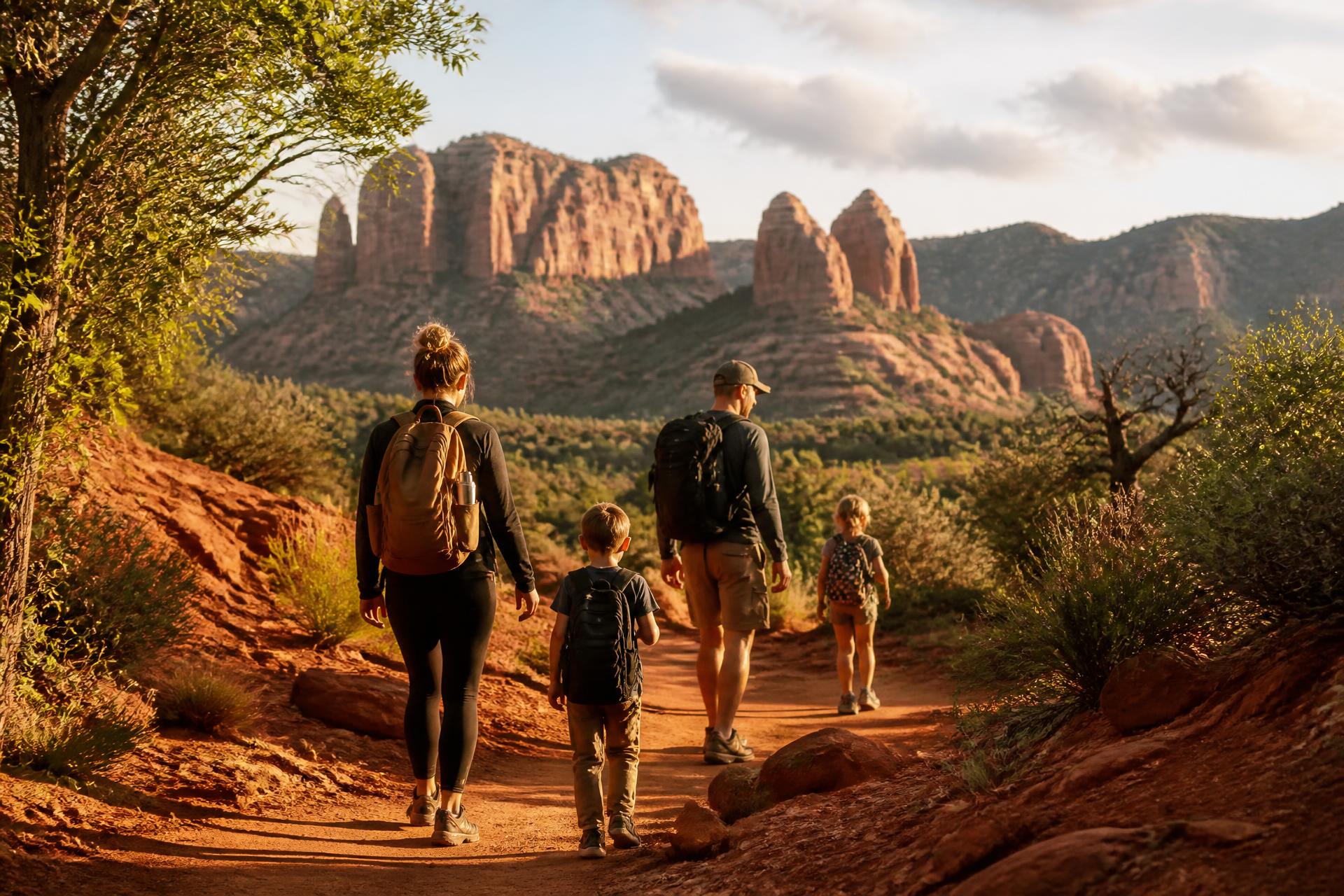 A family hiking a winding trail toward red rock formations at golden hour