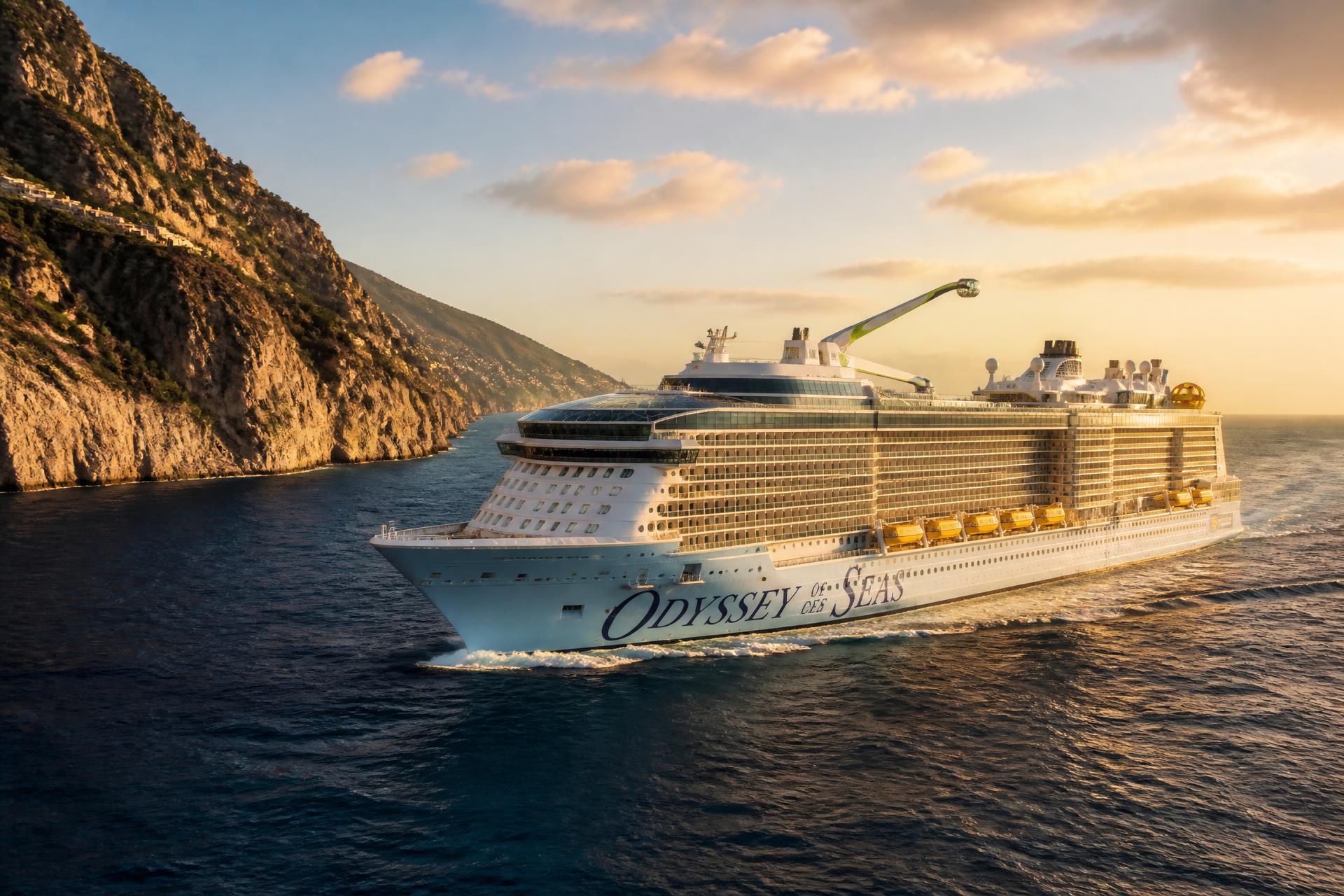 A Royal Caribbean ship navigating between dramatic coastal cliffs